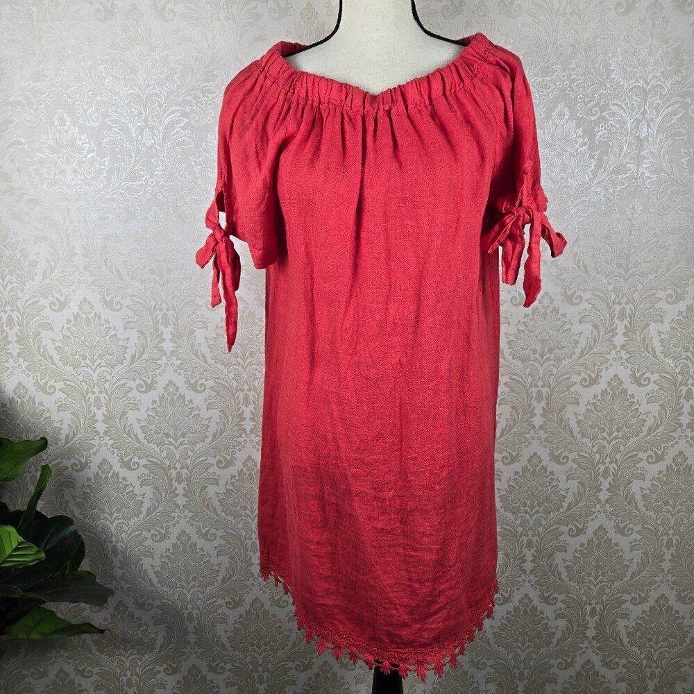 Lungo L'Arno Sz Medium Red 100% Linen Shift Dress On/Off Shoulder Lace Trim NWT
